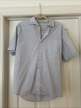 Peter Millar White Short-Sleeve Button-Down Shirt with Blue Micro Print
